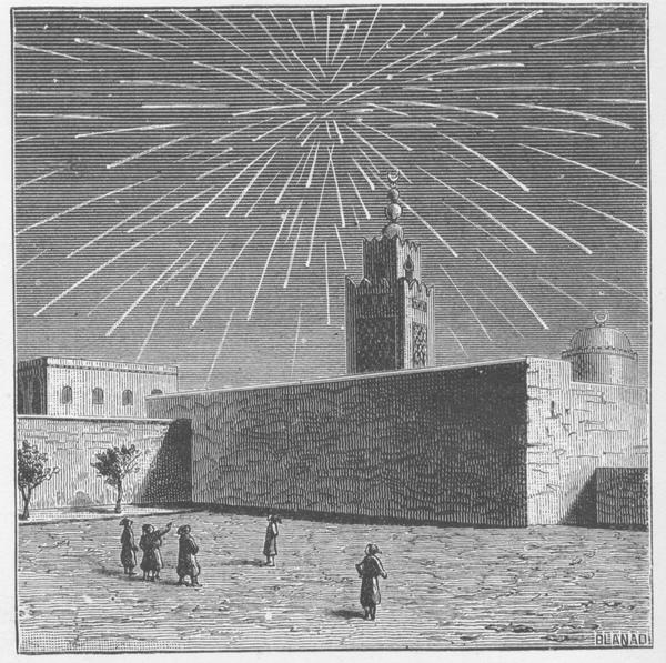 Old engraving of meteor storm. Galaxy Picture Library