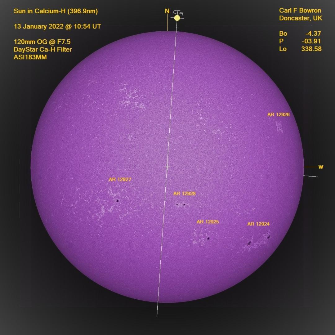 2022 January 13 @1054UT Calcium H whole disc image by Carl Bowron