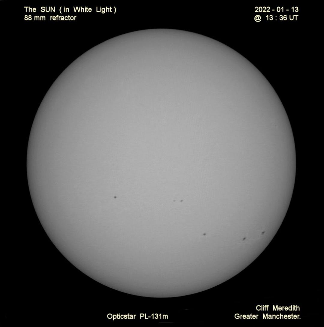 2022 January 13 @1336UT White Light whole disc image by Cliff Meredith