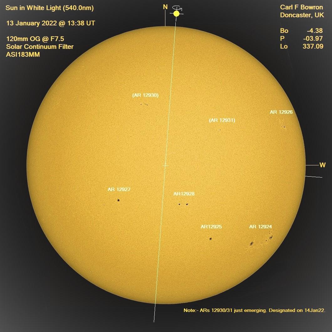 2022 January 13 @1338UT White Light whole disc image by Carl Bowron