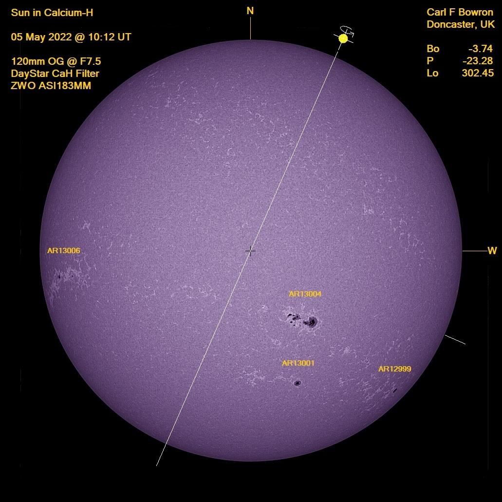 2022 May 5 @1012UT Calcium H whole disc. Image by Carl Bowron