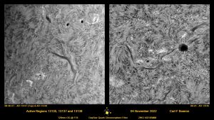 2022 November 04 @0927-48UT ARs13135-37-39 HALPHA. image by Carl Bowron