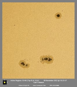22 November 09 @1023UT ARs13140-41 WLIGHT. Image by Carl Bowron