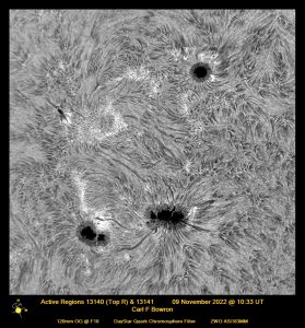 22 November 09 @1033UT ARs13140-41 HALPHA. Image by Carl Bowron