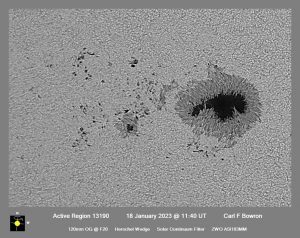 SUN 20230118 1140UT AR13190 WLIGHT. Image by Carl Bowron